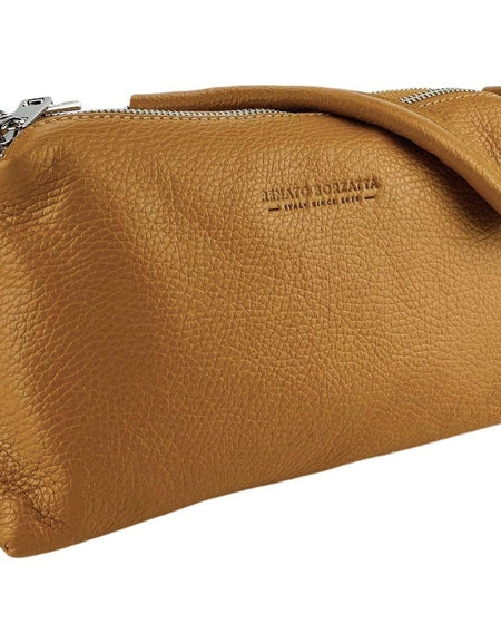 RB1025S | Borsa Donna a Mano con doppia lampo in Vera Pelle Made in Italy. Tracolla in pelle regolabile. Accessori Nickel Lucido - Colore Cognac - Dimensioni: cm 26 x 14 x 9-1