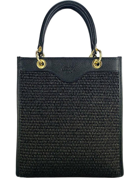 RB1026A | Borsa Donna a mano verticale in Vera Pelle e Paglia Made in Italy. Tracolla removibile e regolabile in pelle. Accessori Oro Lucido - Colore Nero - Dimensioni: cm 24 x 29 x 9-1