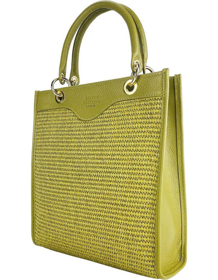 RB1026CM | Borsa Donna a mano verticale in Vera Pelle e Paglia Made in Italy. Tracolla removibile e regolabile in pelle. Accessori Oro Lucido - Colore Pistacchio - Dimensioni: cm 24 x 29 x 9-0