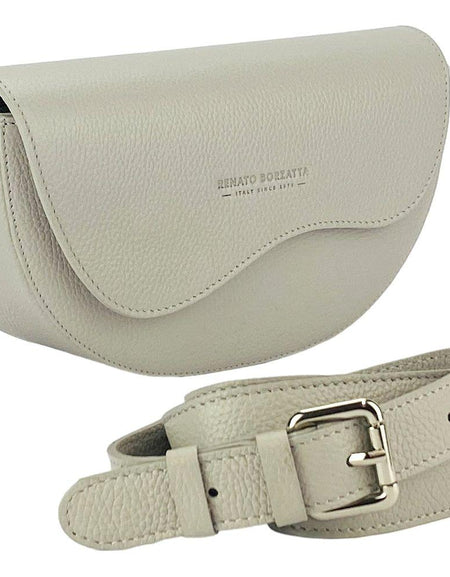 RB1027BO | Borsa Donna a Bandoliera stondata in Vera Pelle Made in Italy. Tracolla removibile e regolabile in pelle. Accessori Nickel Lucido - Colore Ghiaccio - Dimensioni: cm 25 x 15 x 9-0