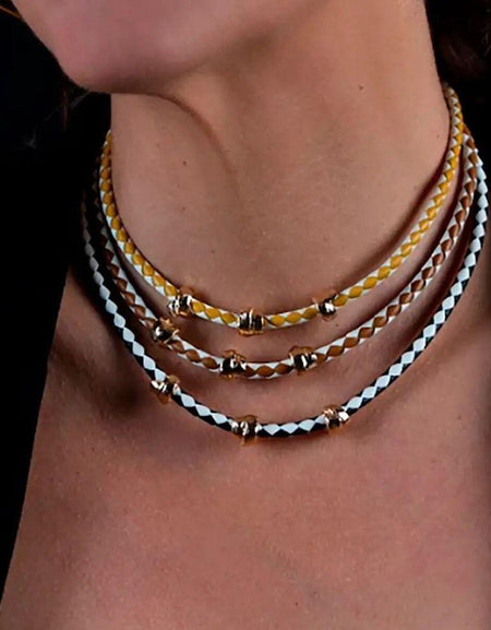 Ladies' Necklace Shabama Namibia Brass gold-plated Leather 38 cm Set 3 Pieces-1