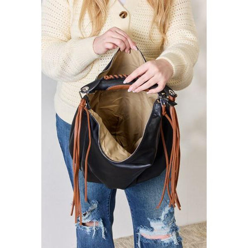 Load image into Gallery viewer, SHOMICO Fringe Detail Contrast Handbag - A Statement of Bohemian Elegance
