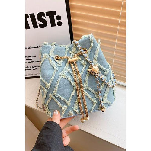 Load image into Gallery viewer, Chain Drawstring Raw Edge Denim Bucket Bag
