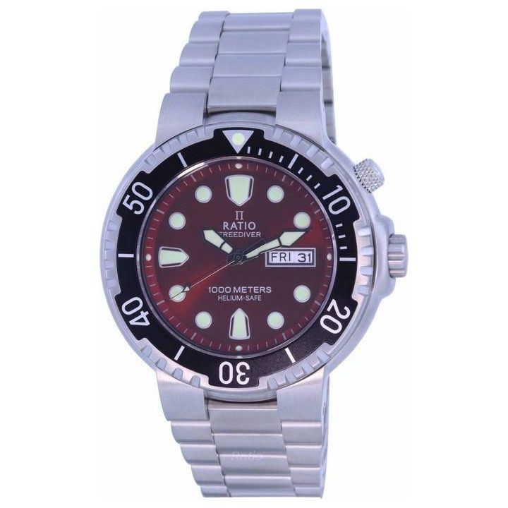 Ratio FreeDiver Red Dial Stainless Steel Quartz Watch - 1000M Men's Timepiece