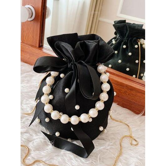 Pearl Detail Solid Color Bucket Bag