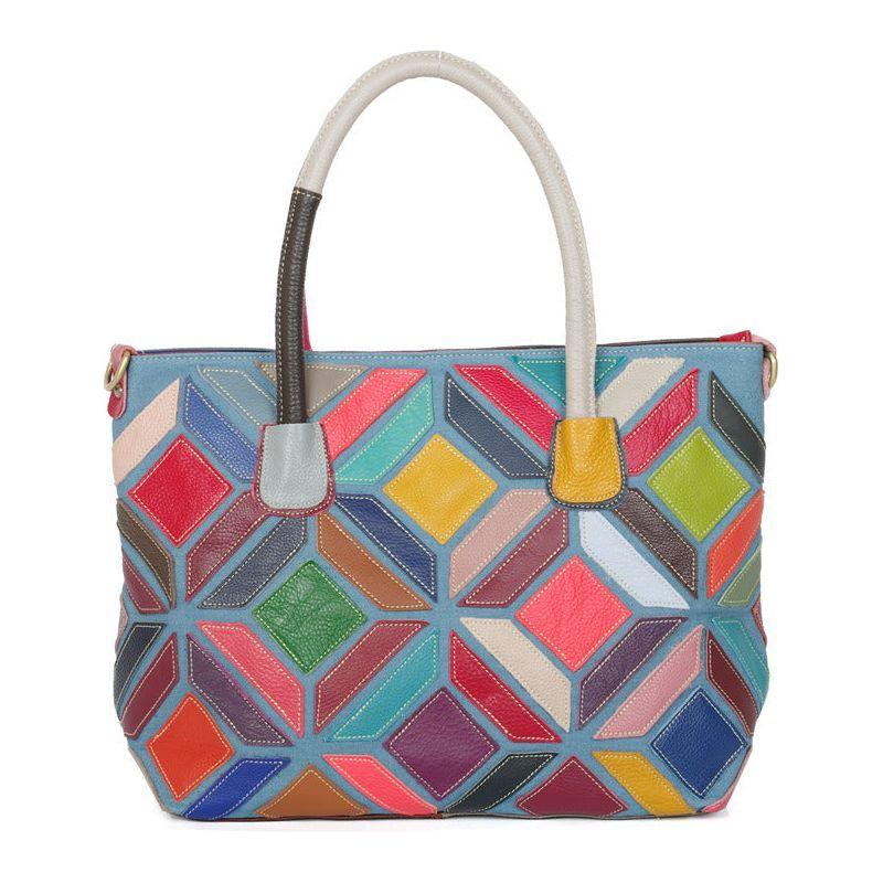 European American Style Colorful Leather Stitching Handbag - A Luxurious Statement Piece