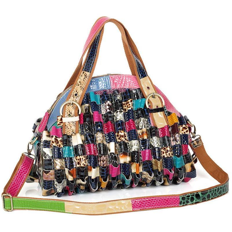 Quality Leather Colorful Geometric Pattern Stitching Handbag