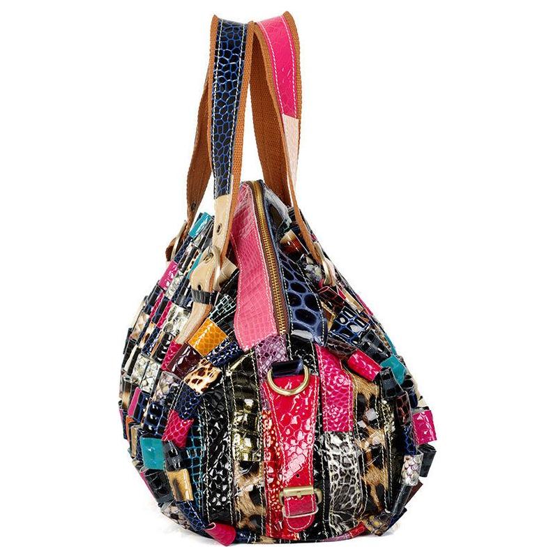 Quality Leather Colorful Geometric Pattern Stitching Handbag