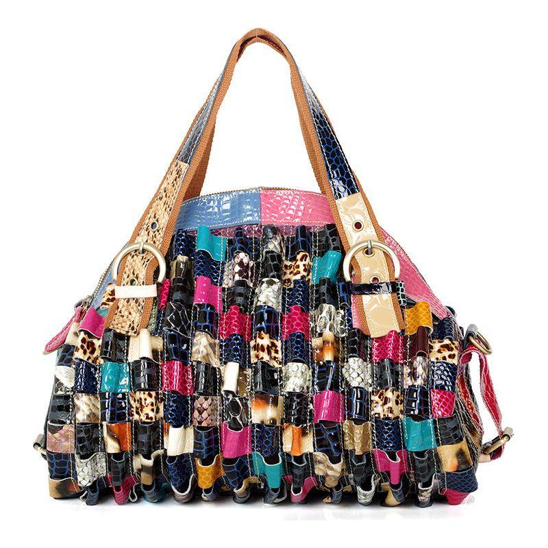 Quality Leather Colorful Geometric Pattern Stitching Handbag