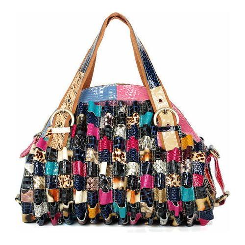 Quality Leather Colorful Geometric Pattern Stitching Handbag