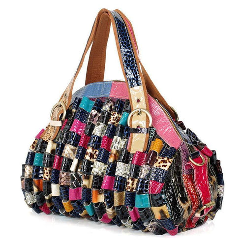 Load image into Gallery viewer, Quality Leather Colorful Geometric Pattern Stitching Handbag
