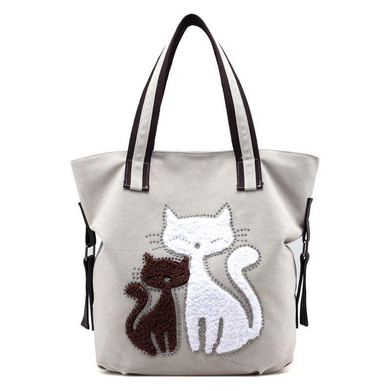 Cat Pattern Embroidered One-Shoulder Canvas Handbag For Lady