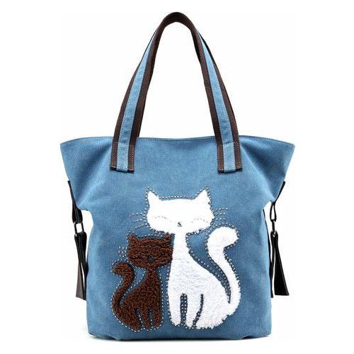 Cat Pattern Embroidered One-Shoulder Canvas Handbag For Lady