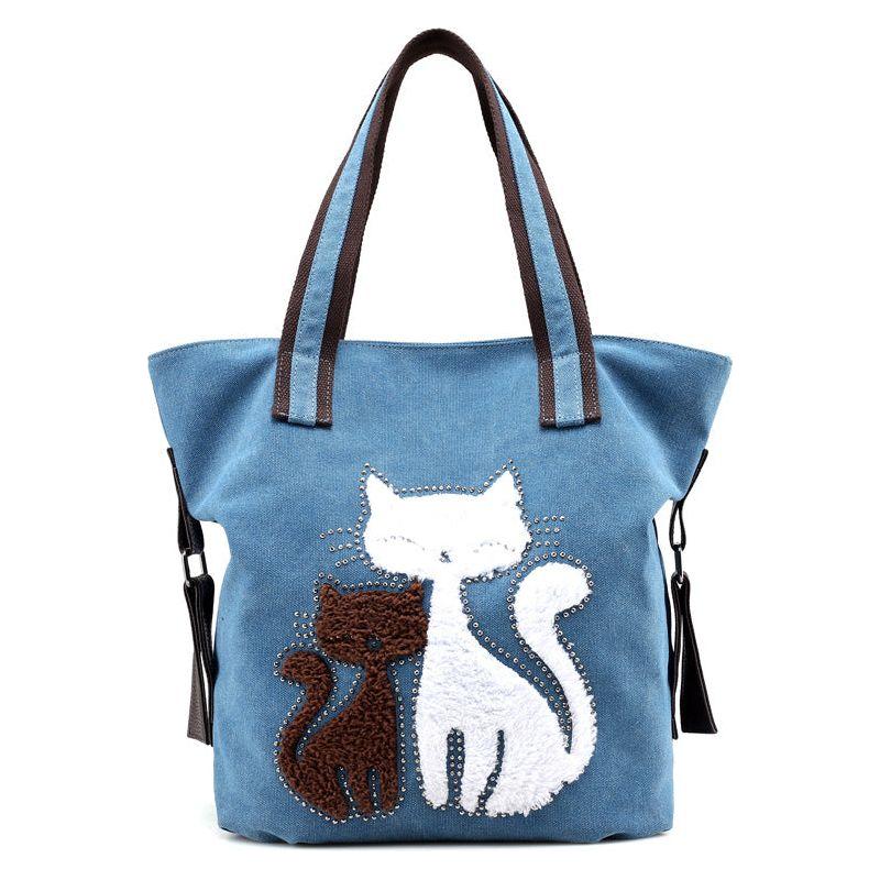 Cat Pattern Embroidered One-Shoulder Canvas Handbag For Lady