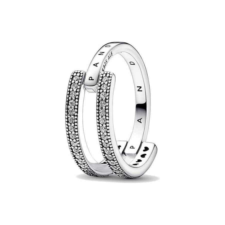 PANDORA JEWELS Mod. SIGNATURE LOGO & PAVE DOUBLE BAND - RING - Size 52-0