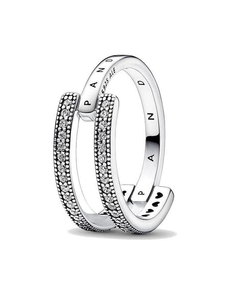 PANDORA JEWELS Mod. SIGNATURE LOGO & PAVE DOUBLE BAND - RING - Size 54-0