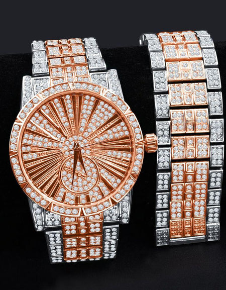 LUXE Roman Indexed Iced Out Watch & Bracelet Set