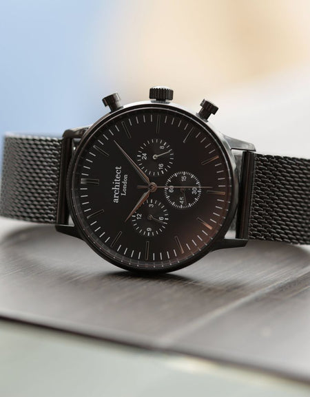 Men's Architect Motivator In Black With Black Mesh Strap - Modern Font