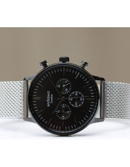 Men's Architect Motivator In Black With Silver Mesh Strap - Modern