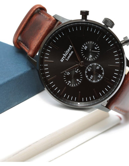 Men's Architect Motivator In Black With Walnut Strap - Modern Font