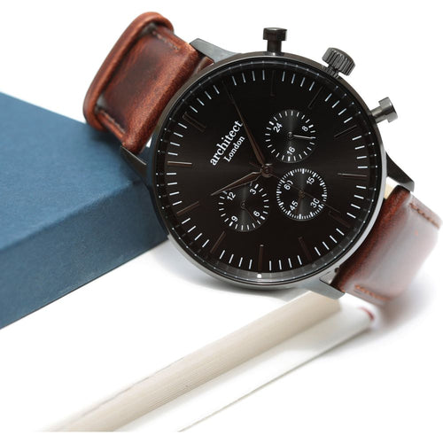 Load image into Gallery viewer, Men&#39;s Architect Motivator In Black With Walnut Strap - Modern Font
