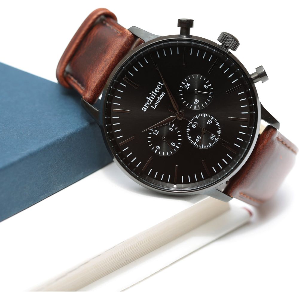 Men's Architect Motivator In Black With Walnut Strap - Modern Font