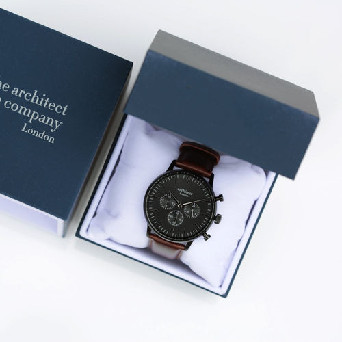 Load image into Gallery viewer, Men&#39;s Architect Motivator In Black With Walnut Strap - Modern Font
