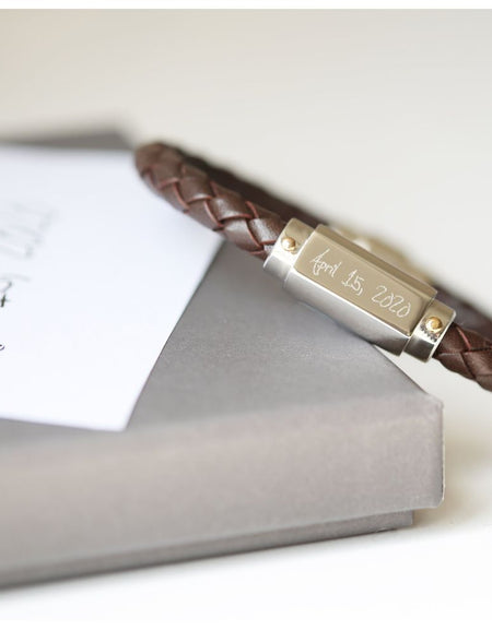 Handwriting Engraved Twisted Leather Bracelet