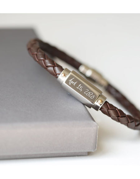 Handwriting Engraved Twisted Leather Bracelet