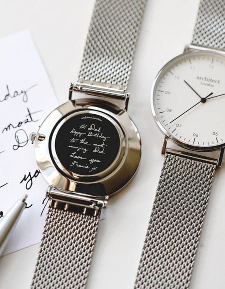 Handwriting Engraving - Men's Architect Zephyr + Steel Silver Mesh