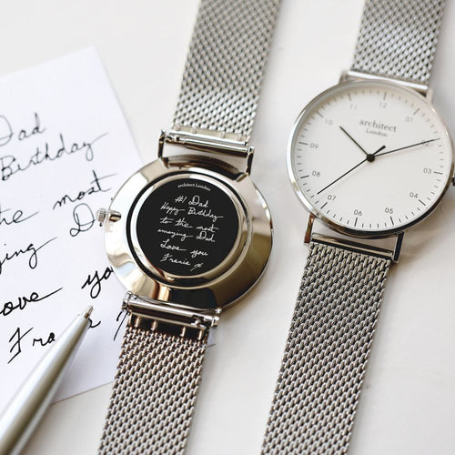 Load image into Gallery viewer, Handwriting Engraving - Men&#39;s Architect Zephyr + Steel Silver Mesh
