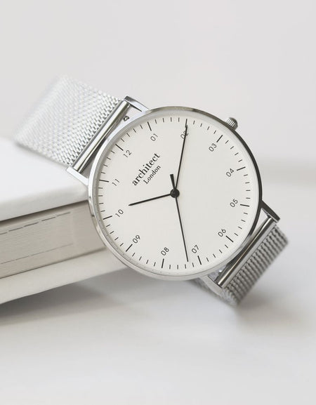 Modern Font Engraving - Men's Architect Zephyr + Steel Silver Mesh