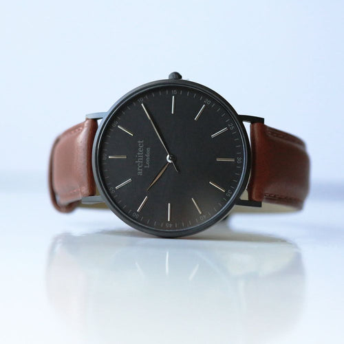 Load image into Gallery viewer, Modern Font Engraving - Men&#39;s Minimalist Watch + Walnut Strap
