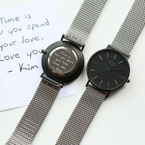 Load image into Gallery viewer, Handwriting Engraving - Men&#39;s Minimalist Watch + Steel Silver Mesh
