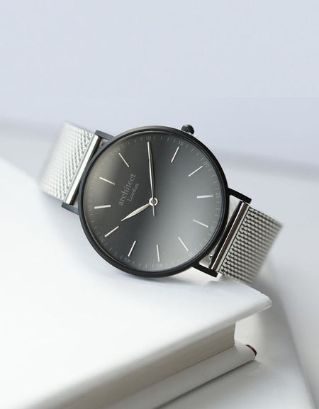 Modern Font Engraving - Men's Minimalist Watch + Steel Silver Mesh