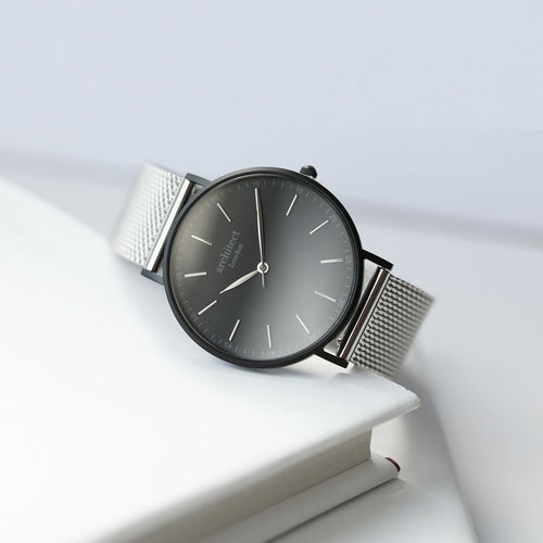 Load image into Gallery viewer, Modern Font Engraving - Men&#39;s Minimalist Watch + Steel Silver Mesh
