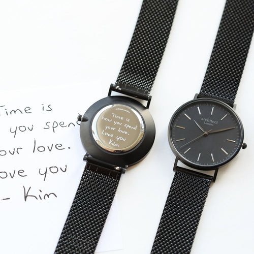 Load image into Gallery viewer, Handwriting Engraving - Men&#39;s Minimalist Watch + Pitch Black Mesh
