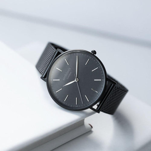 Load image into Gallery viewer, Handwriting Engraving - Men&#39;s Minimalist Watch + Pitch Black Mesh
