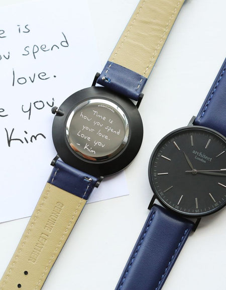 Handwriting Engraving - Men's Minimalist Watch + Admiral Blue Strap
