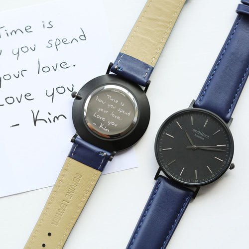 Load image into Gallery viewer, Handwriting Engraving - Men&#39;s Minimalist Watch + Admiral Blue Strap
