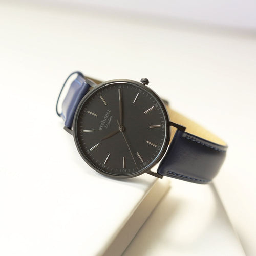 Load image into Gallery viewer, Modern Font Engraving - Men&#39;s Minimalist Watch + Admiral Blue Strap
