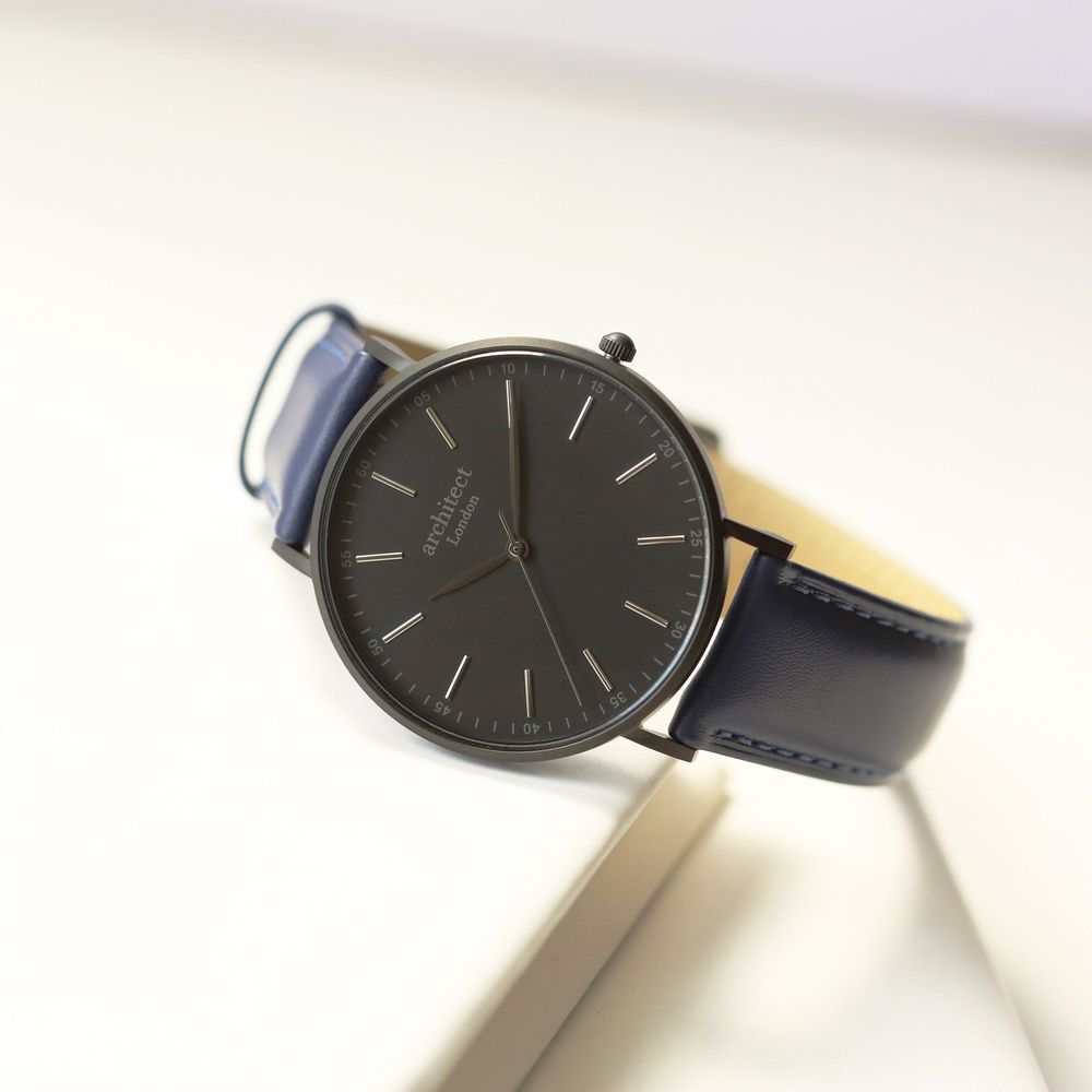 Modern Font Engraving - Men's Minimalist Watch + Admiral Blue Strap