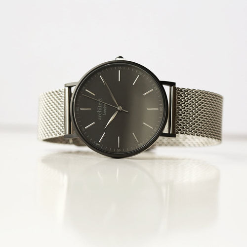 Load image into Gallery viewer, Modern Font Engraving - Men&#39;s Minimalist Watch + Steel Silver Mesh
