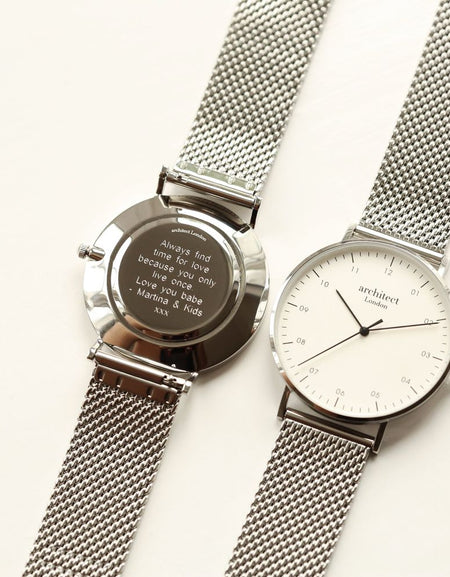 Modern Font Engraving - Men's Architect Zephyr + Steel Silver Mesh