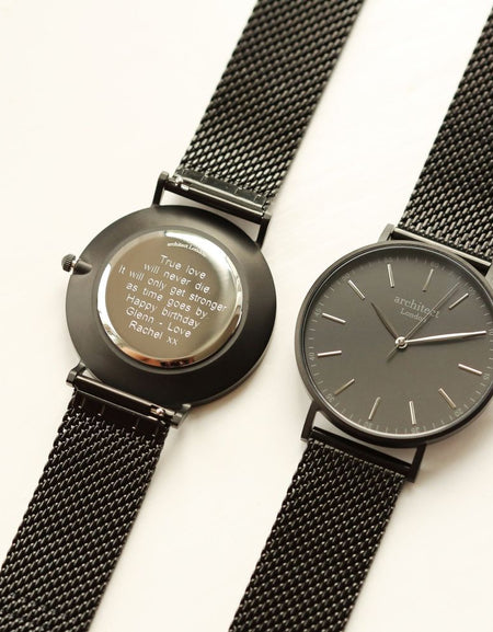 Modern Font Engraving - Men's Minimalist Watch + Pitch Black Mesh