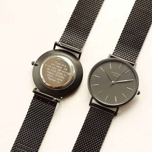 Load image into Gallery viewer, Modern Font Engraving - Men&#39;s Minimalist Watch + Pitch Black Mesh
