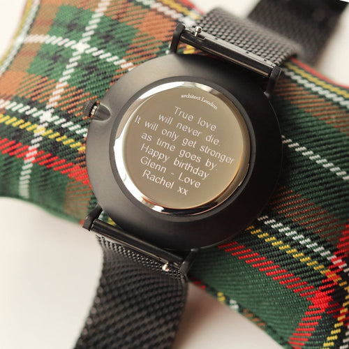 Load image into Gallery viewer, Modern Font Engraving - Men&#39;s Minimalist Watch + Pitch Black Mesh
