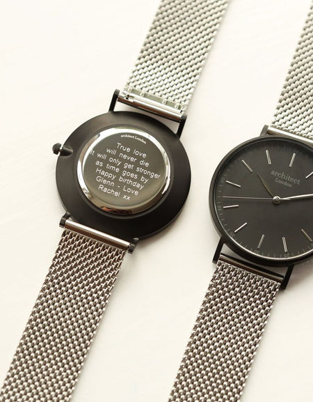 Modern Font Engraving - Men's Minimalist Watch + Steel Silver Mesh