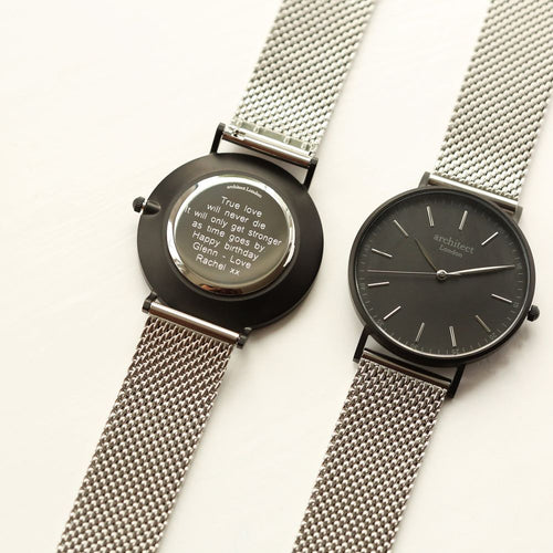 Load image into Gallery viewer, Modern Font Engraving - Men&#39;s Minimalist Watch + Steel Silver Mesh
