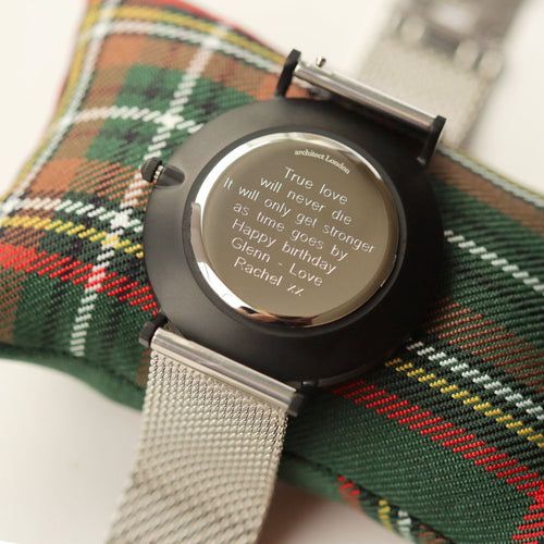 Load image into Gallery viewer, Modern Font Engraving - Men&#39;s Minimalist Watch + Steel Silver Mesh
